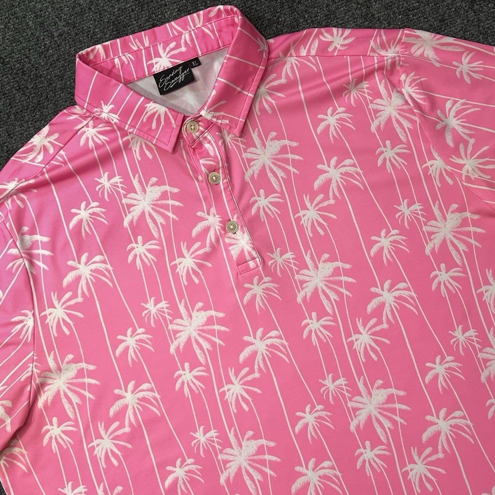 Sunday Swagger Polo Shirt Mens XL Pink Palm Tree Golf Stretch Hawaiian